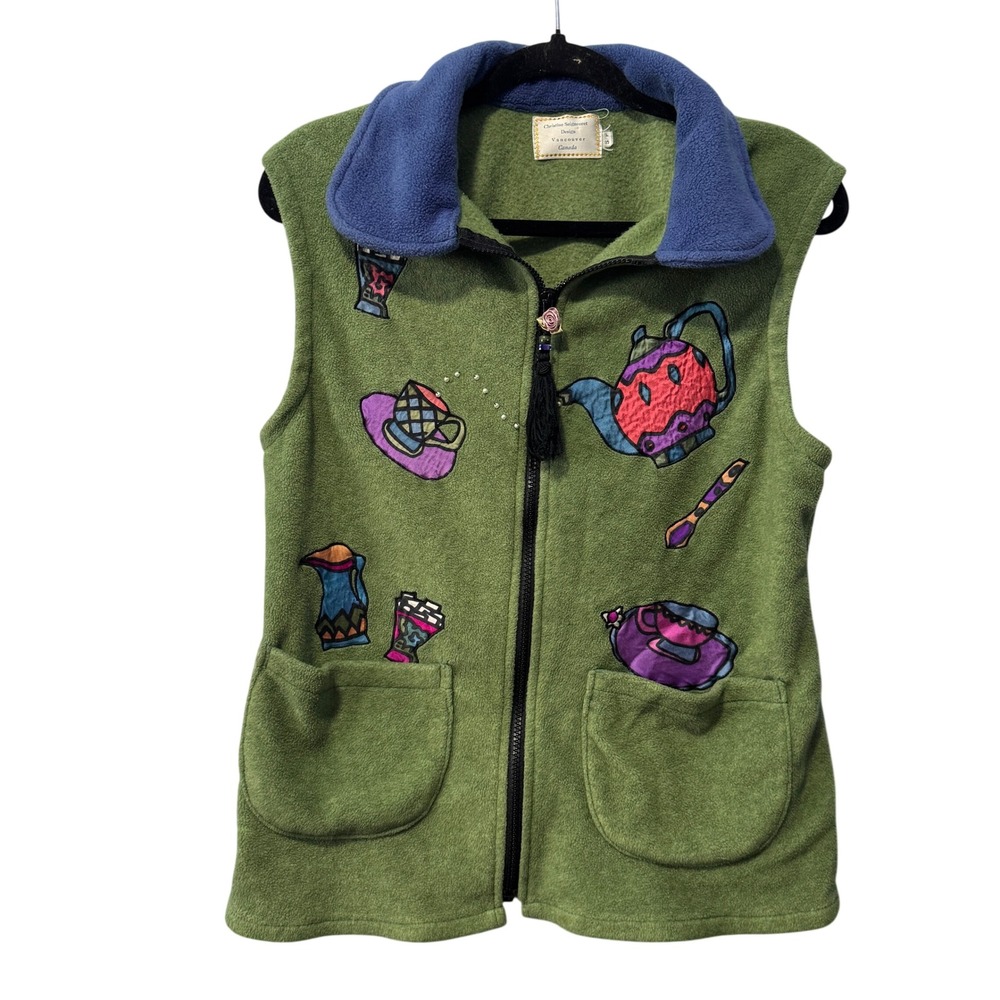 Vintage Christine Seigneuret Design Green Fleece Tea Party Applique Vest Canada